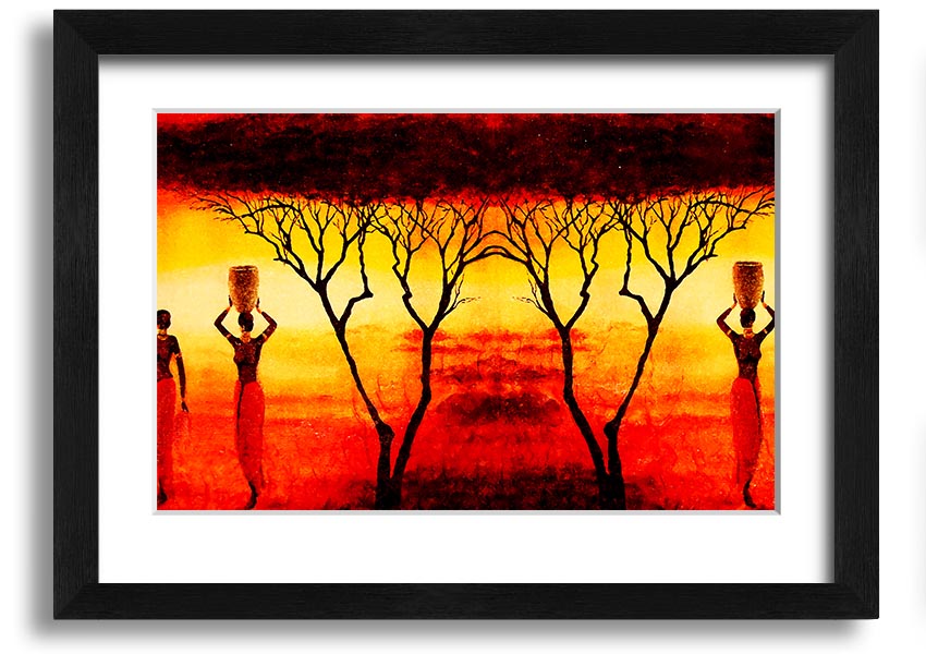 Framed print of African women working in vibrant red fields, showcasing cultural beauty and strength.