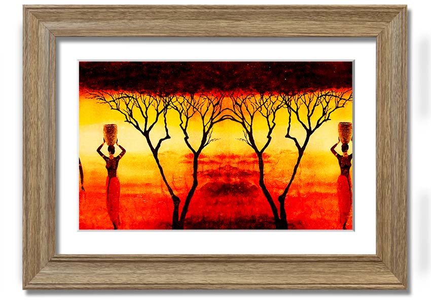 Framed print of African women working in vibrant red fields, showcasing cultural beauty and strength.