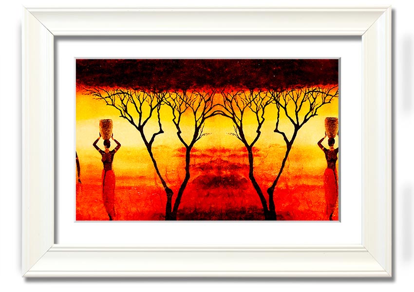 Framed print of African women working in vibrant red fields, showcasing cultural beauty and strength.