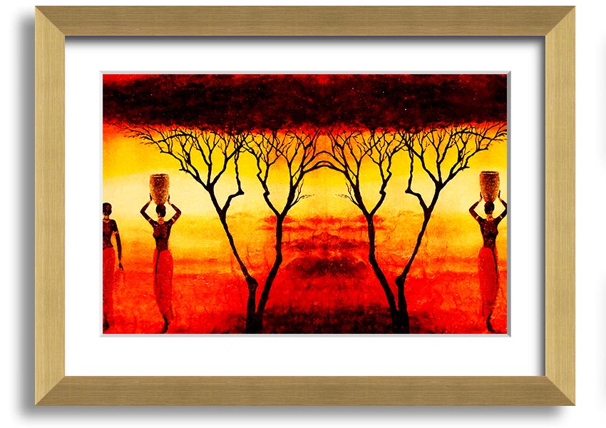 Framed print of African women working in vibrant red fields, showcasing cultural beauty and strength.