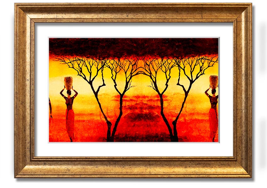 Framed print of African women working in vibrant red fields, showcasing cultural beauty and strength.