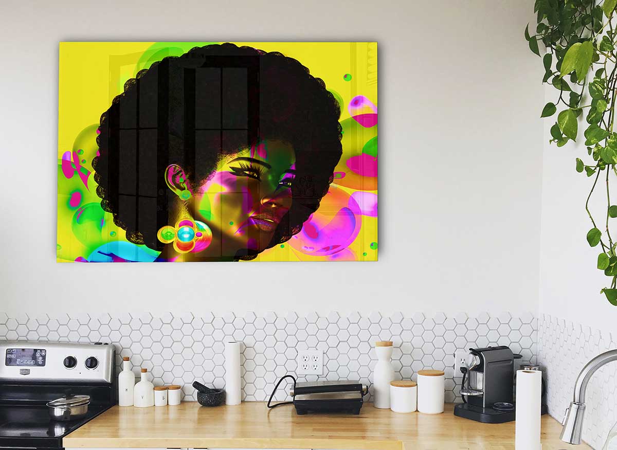 Afro Funk glass print featuring vibrant colors and modern design, perfect for home decor.