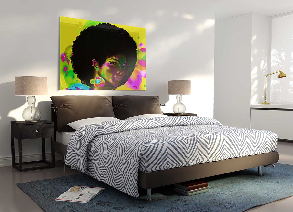 Afro Funk glass print featuring vibrant colors and modern design, perfect for home decor.