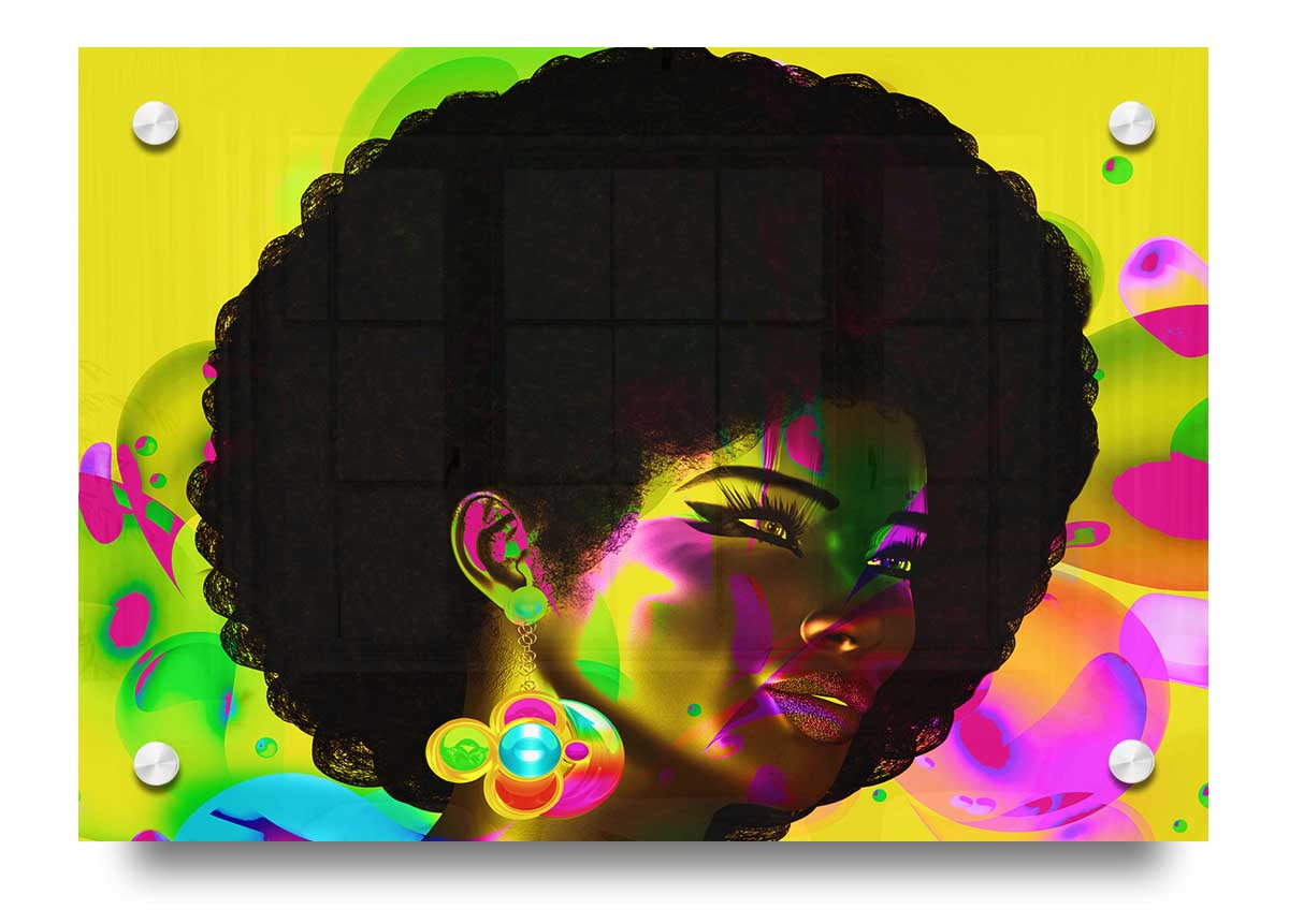 Vibrant Afro Funk acrylic print on 5mm thick acrylic glass, showcasing colorful patterns and ready to hang.