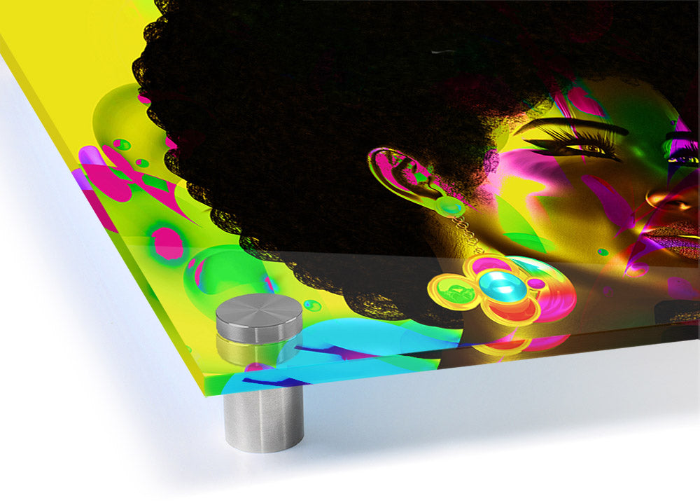 Vibrant Afro Funk acrylic print on 5mm thick acrylic glass, showcasing colorful patterns and ready to hang.