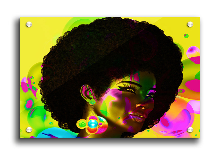 Vibrant Afro Funk acrylic print on 5mm thick acrylic glass, showcasing colorful patterns and ready to hang.