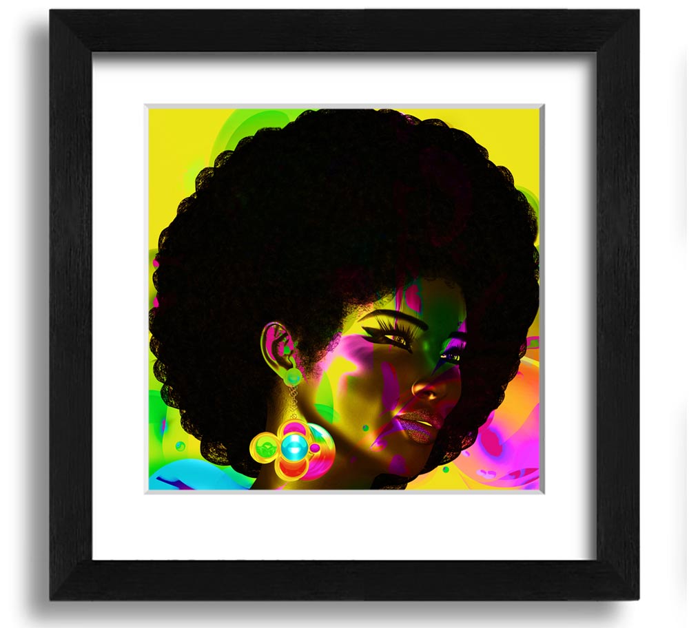 Afro Funk Square Framed Print showcasing vibrant colors and intricate patterns, available in various frame colors.