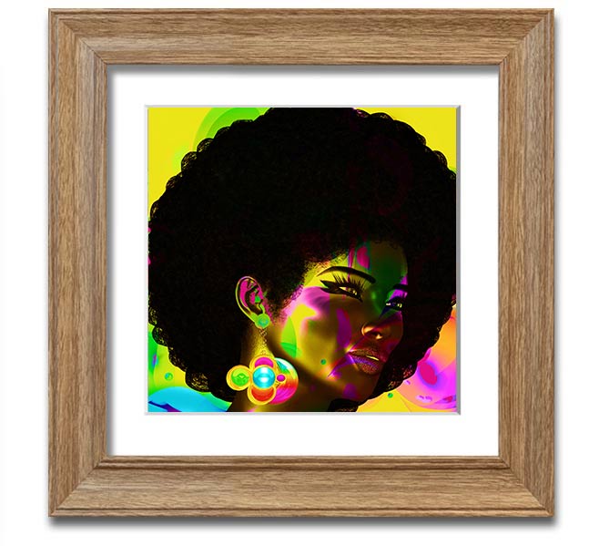 Afro Funk Square Framed Print showcasing vibrant colors and intricate patterns, available in various frame colors.