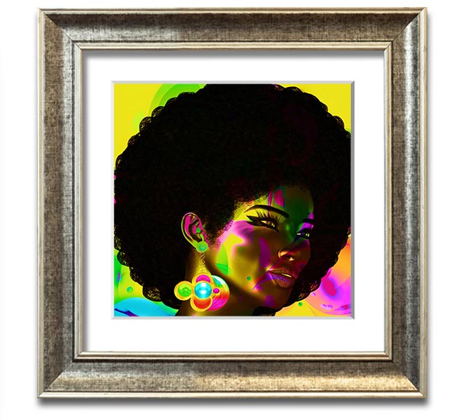 Afro Funk Square Framed Print showcasing vibrant colors and intricate patterns, available in various frame colors.