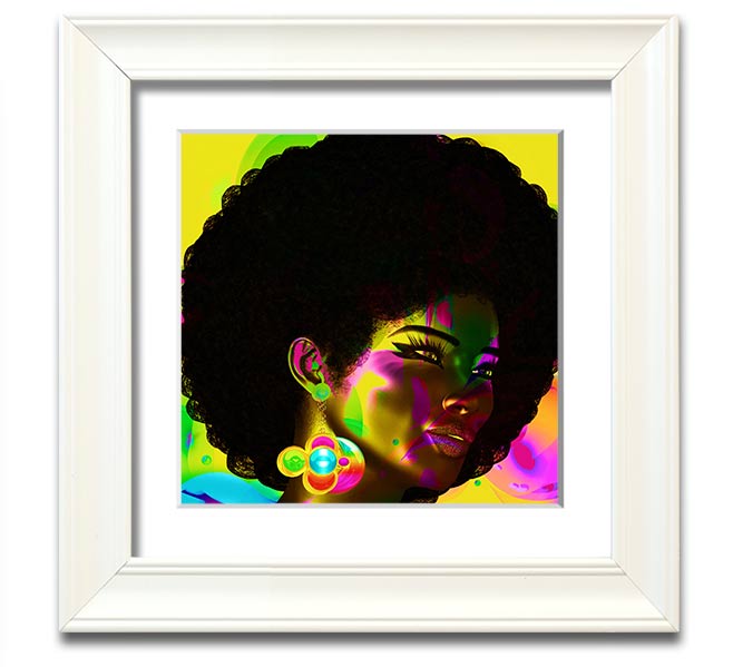 Afro Funk Square Framed Print showcasing vibrant colors and intricate patterns, available in various frame colors.