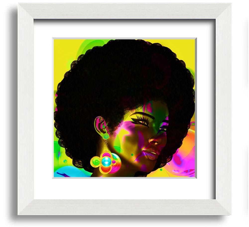 Afro Funk Square Framed Print showcasing vibrant colors and intricate patterns, available in various frame colors.