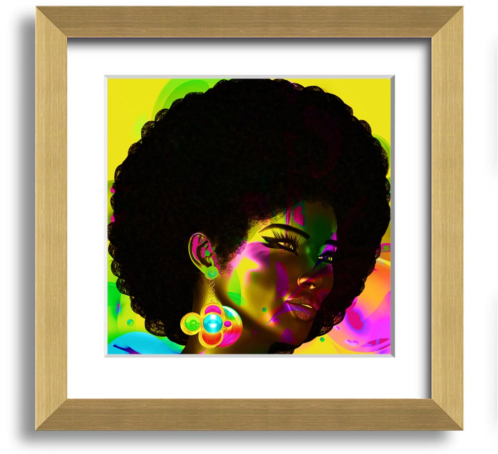 Afro Funk Square Framed Print showcasing vibrant colors and intricate patterns, available in various frame colors.