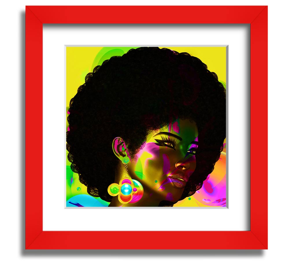 Afro Funk Square Framed Print showcasing vibrant colors and intricate patterns, available in various frame colors.