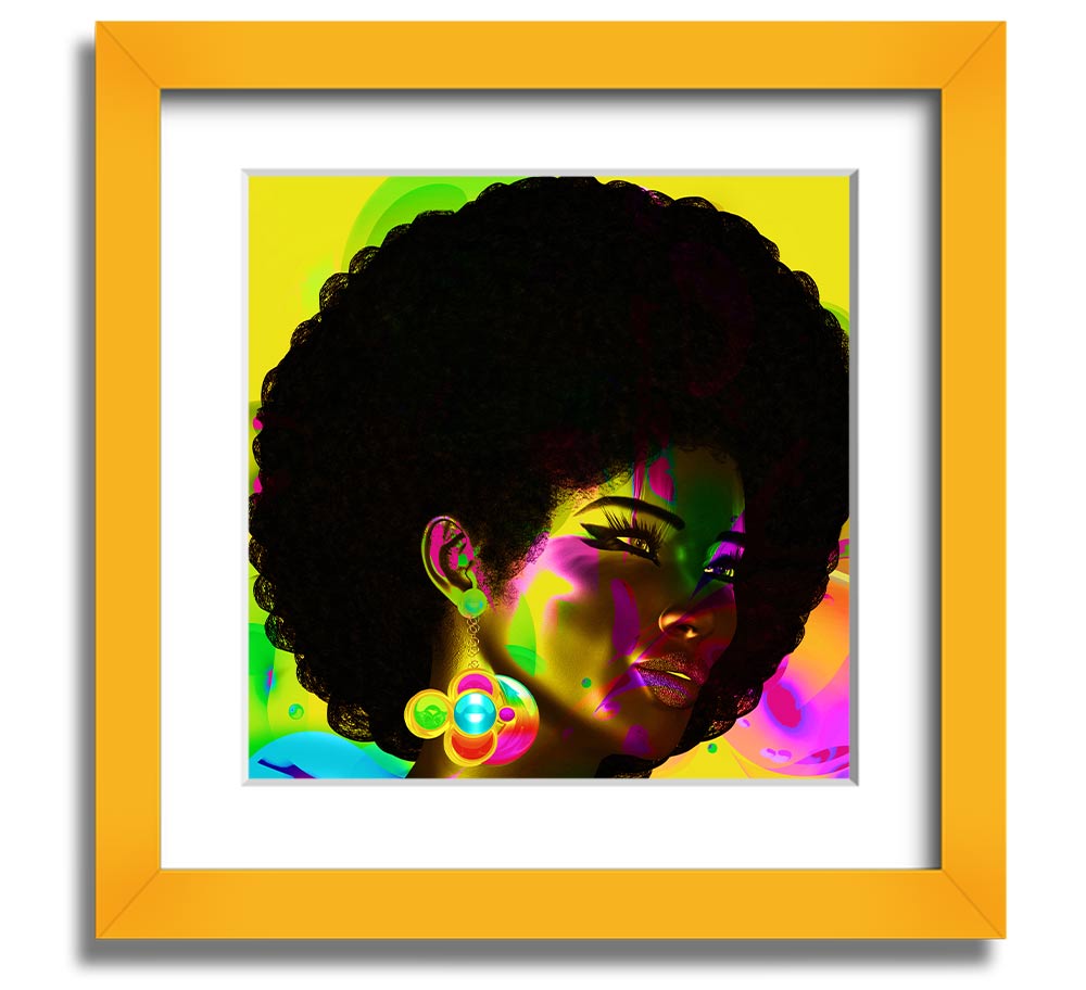 Afro Funk Square Framed Print showcasing vibrant colors and intricate patterns, available in various frame colors.