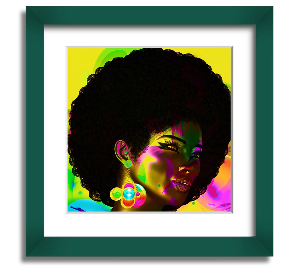 Afro Funk Square Framed Print showcasing vibrant colors and intricate patterns, available in various frame colors.