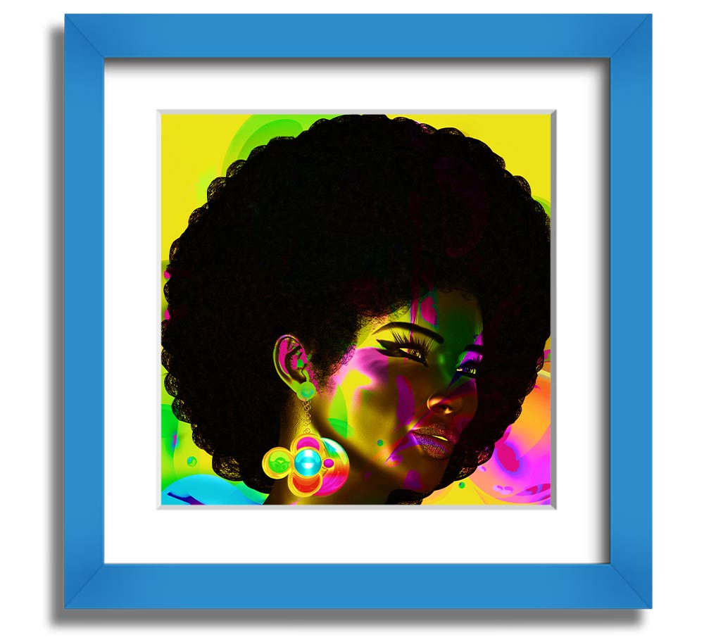 Afro Funk Square Framed Print showcasing vibrant colors and intricate patterns, available in various frame colors.