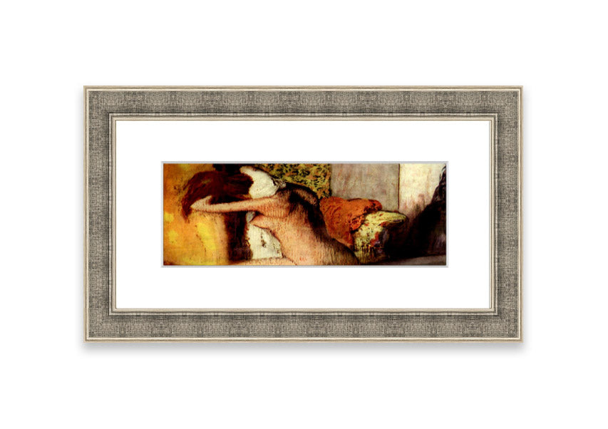 Framed print of After Bathing #2 by Degas, showcasing soft colors and elegant design, ready to hang.