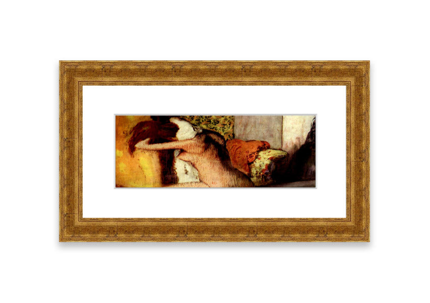 Framed print of After Bathing #2 by Degas, showcasing soft colors and elegant design, ready to hang.