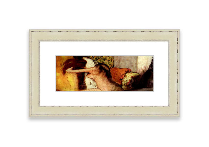 Framed print of After Bathing #2 by Degas, showcasing soft colors and elegant design, ready to hang.