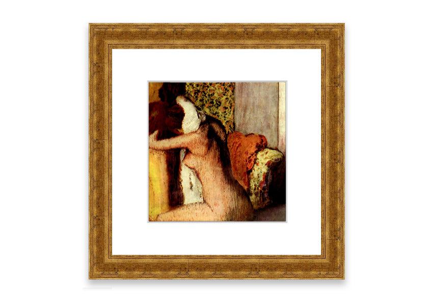 Framed print of After Bathing #2 by Degas, showcasing soft colors and elegant design, ready to hang.