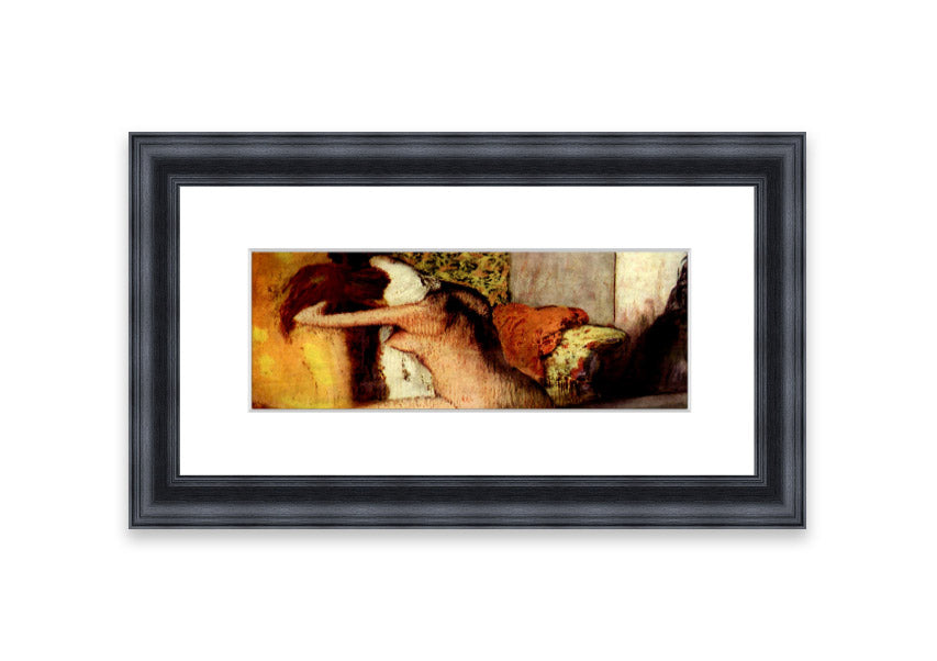 Framed print of After Bathing #2 by Degas, showcasing soft colors and elegant design, ready to hang.