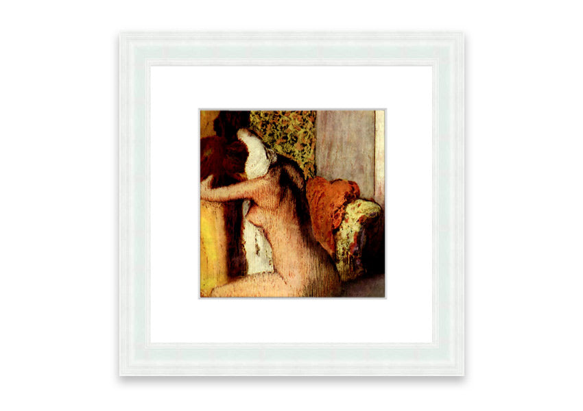 Framed print of After Bathing #2 by Degas, showcasing soft colors and elegant design, ready to hang.