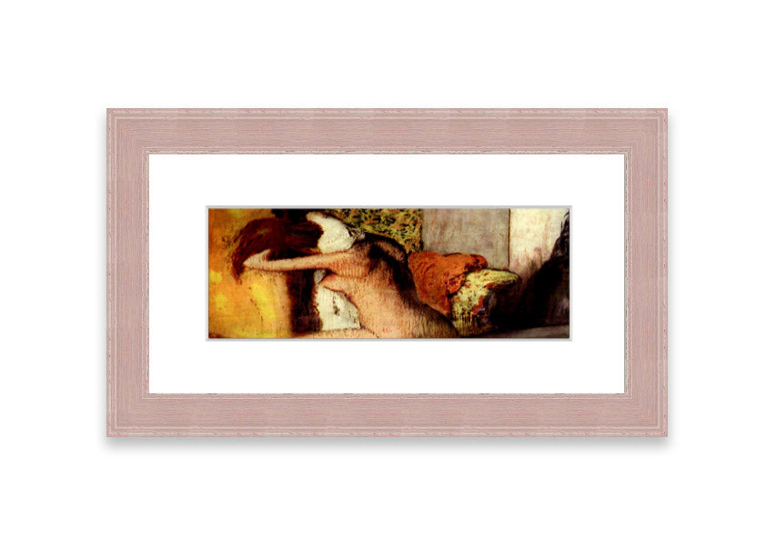 Framed print of After Bathing #2 by Degas, showcasing soft colors and elegant design, ready to hang.