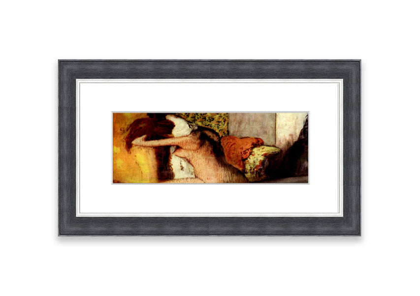 Framed print of After Bathing #2 by Degas, showcasing soft colors and elegant design, ready to hang.