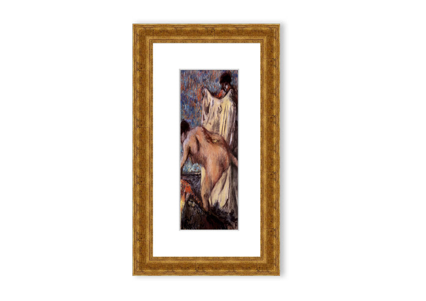 Framed print of After Bathing #3 by Degas, showcasing elegant colors and details, ready to hang.