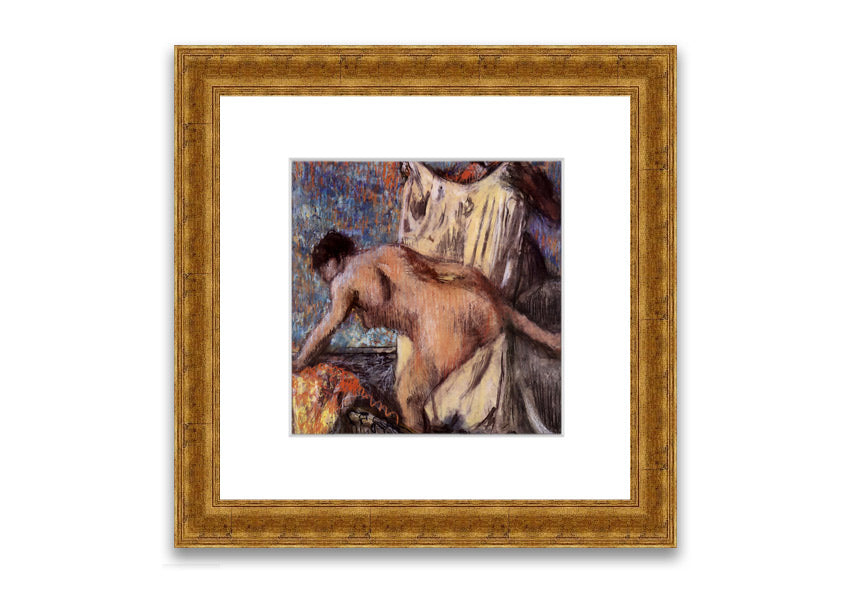 Framed print of After Bathing #3 by Degas, showcasing elegant colors and details, ready to hang.