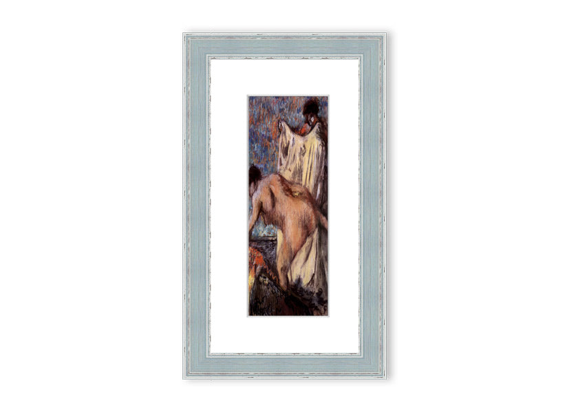 Framed print of After Bathing #3 by Degas, showcasing elegant colors and details, ready to hang.