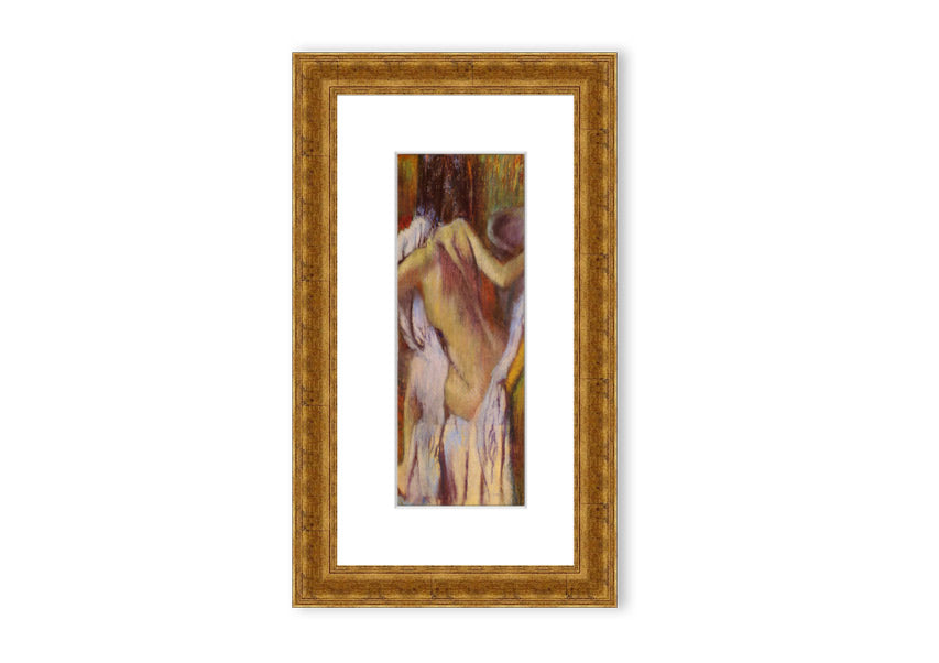 Framed print of After Bathing #4 by Degas, showcasing soft colors and elegant design, ready to hang.