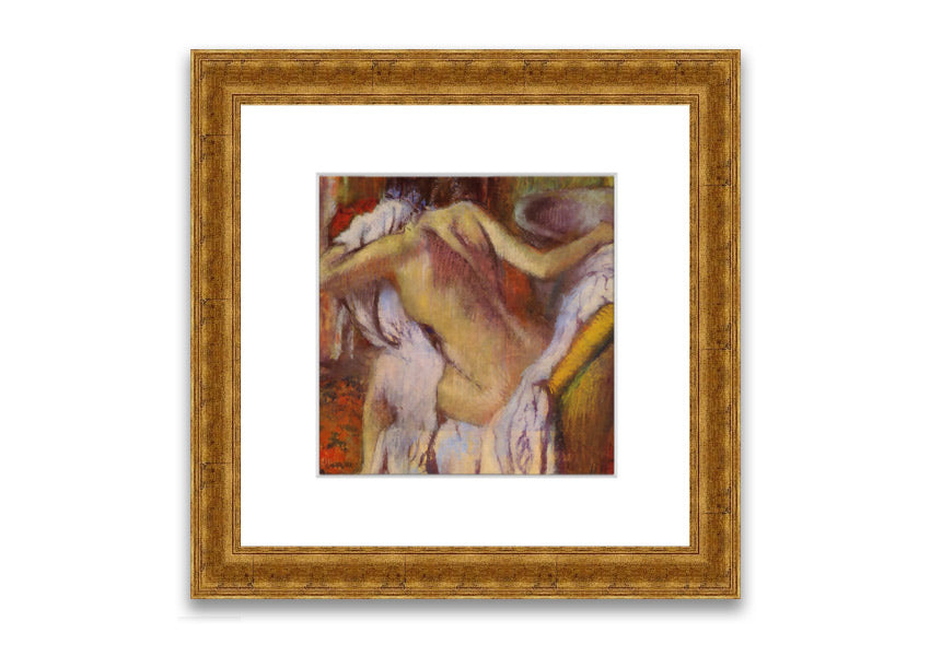 Framed print of After Bathing #4 by Degas, showcasing soft colors and elegant design, ready to hang.