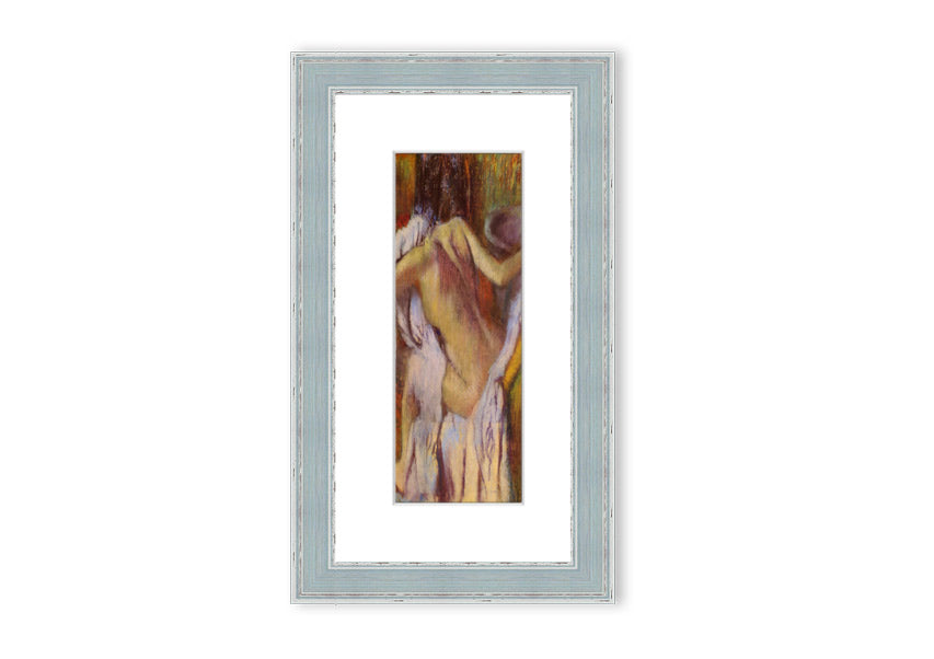 Framed print of After Bathing #4 by Degas, showcasing soft colors and elegant design, ready to hang.