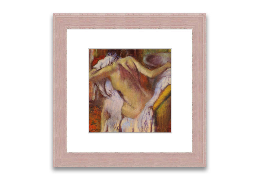 Framed print of After Bathing #4 by Degas, showcasing soft colors and elegant design, ready to hang.