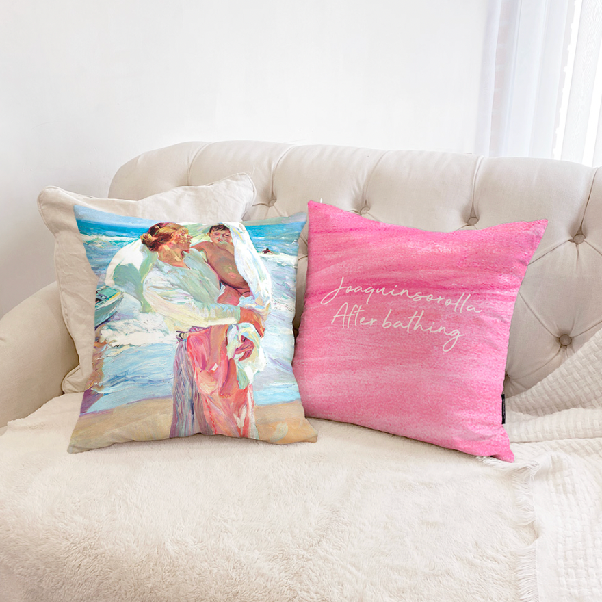 After Bathing cushion featuring a double-sided design inspired by Joaquin Sorolla, showcasing vibrant colors and artistic patterns.