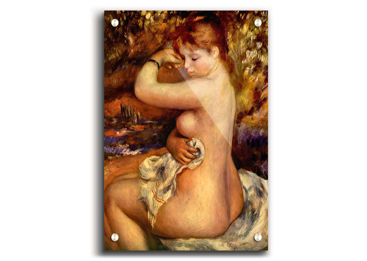 Acrylic print of Renoir's After The Bath, showcasing vibrant colors and intricate details on 5mm thick acrylic glass.