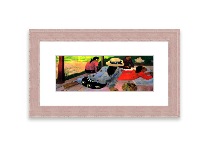 Framed print of 'Afternoon Quiet Hour' by Gauguin, showcasing vibrant colors and serene imagery, ready to hang.