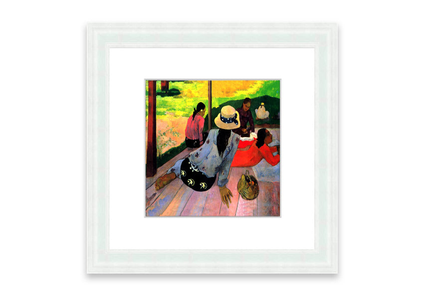 Framed print of 'Afternoon Quiet Hour' by Gauguin, showcasing vibrant colors and serene imagery, ready to hang.