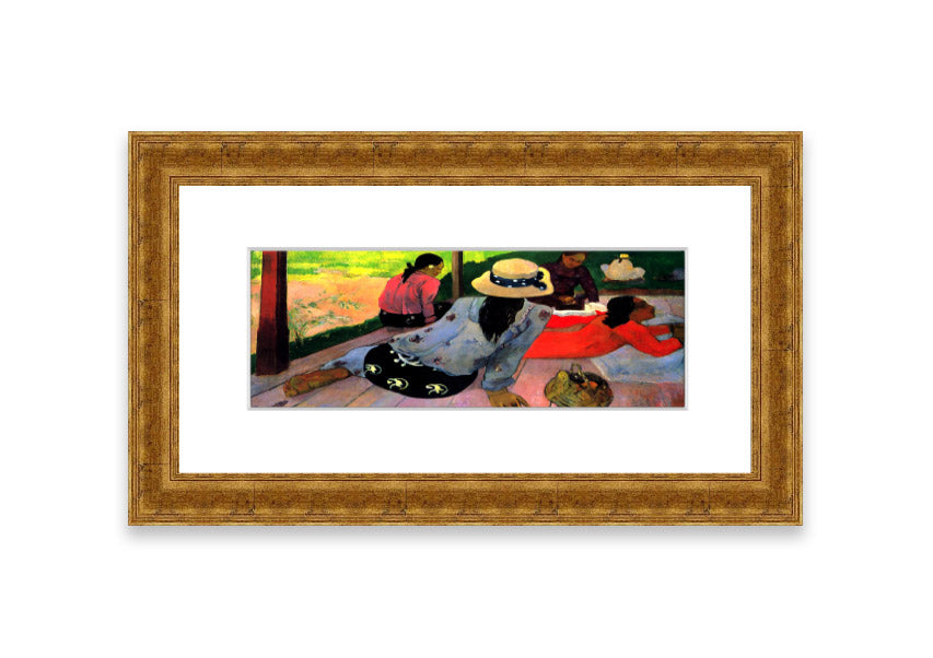 Framed print of 'Afternoon Quiet Hour' by Gauguin, showcasing vibrant colors and serene imagery, ready to hang.