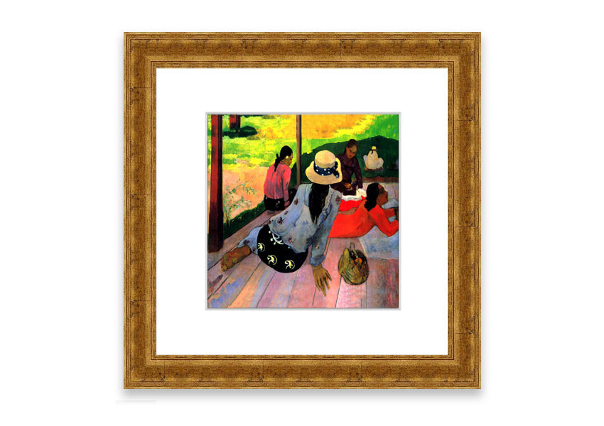 Framed print of 'Afternoon Quiet Hour' by Gauguin, showcasing vibrant colors and serene imagery, ready to hang.