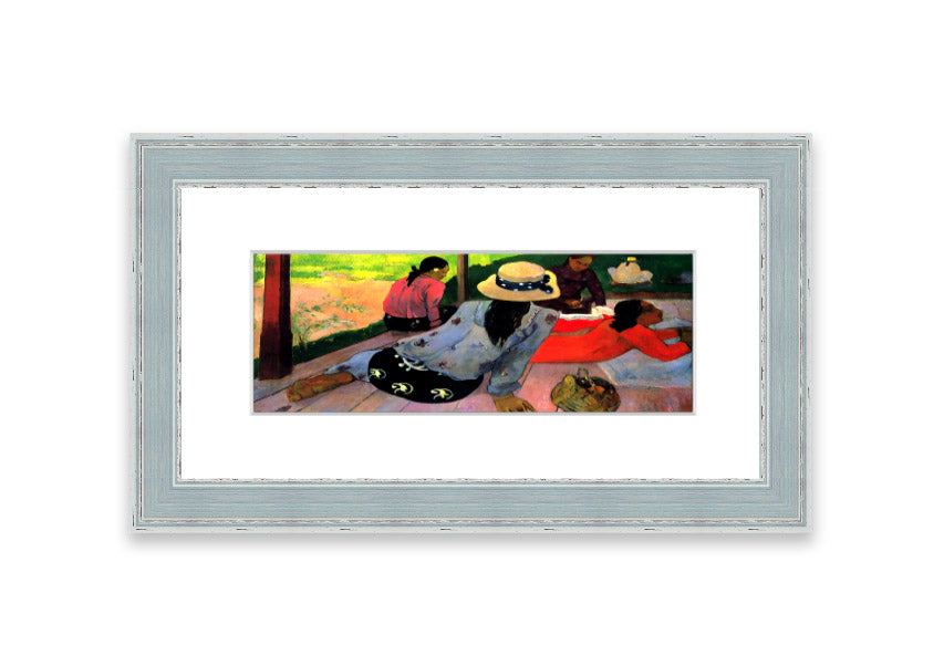 Framed print of 'Afternoon Quiet Hour' by Gauguin, showcasing vibrant colors and serene imagery, ready to hang.