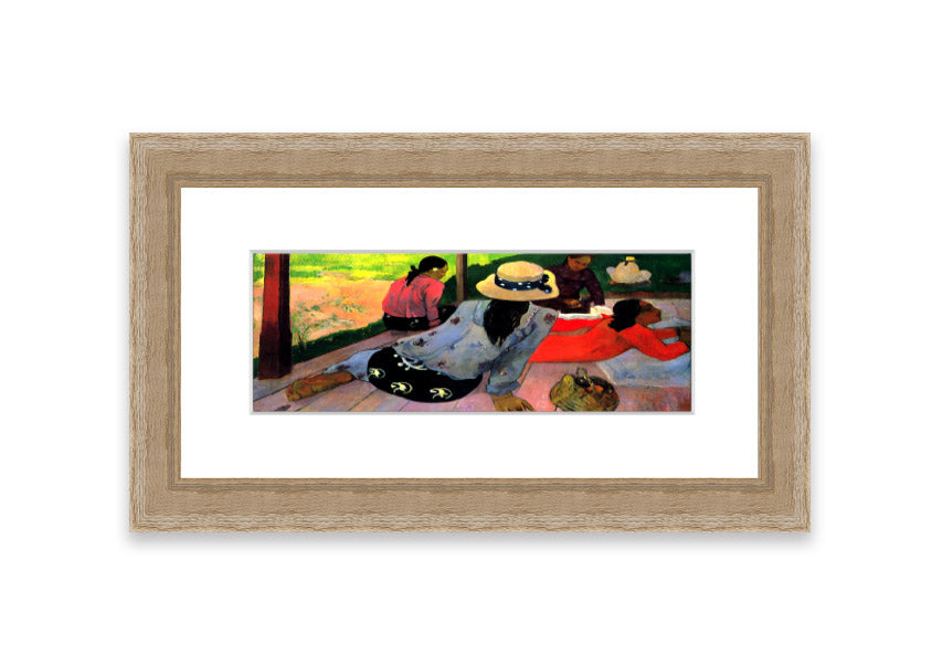 Framed print of 'Afternoon Quiet Hour' by Gauguin, showcasing vibrant colors and serene imagery, ready to hang.