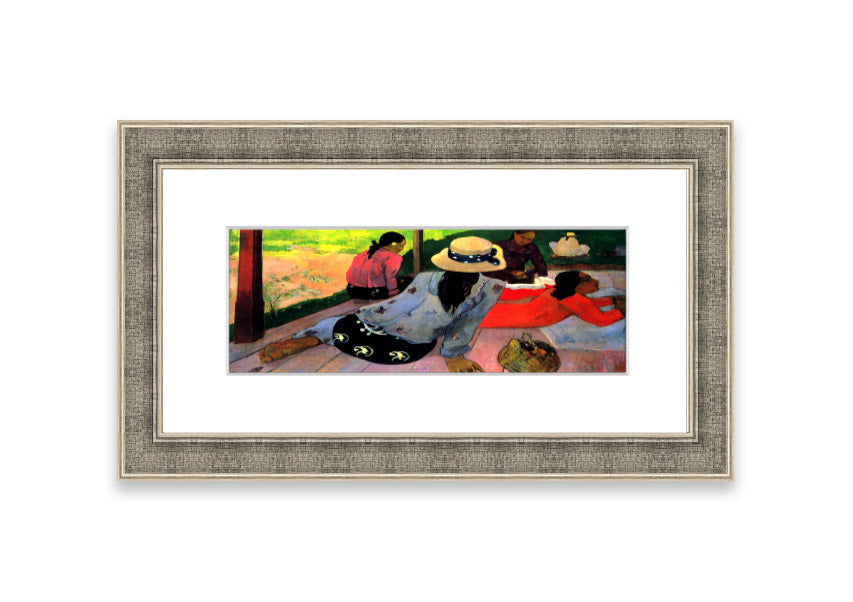 Framed print of 'Afternoon Quiet Hour' by Gauguin, showcasing vibrant colors and serene imagery, ready to hang.