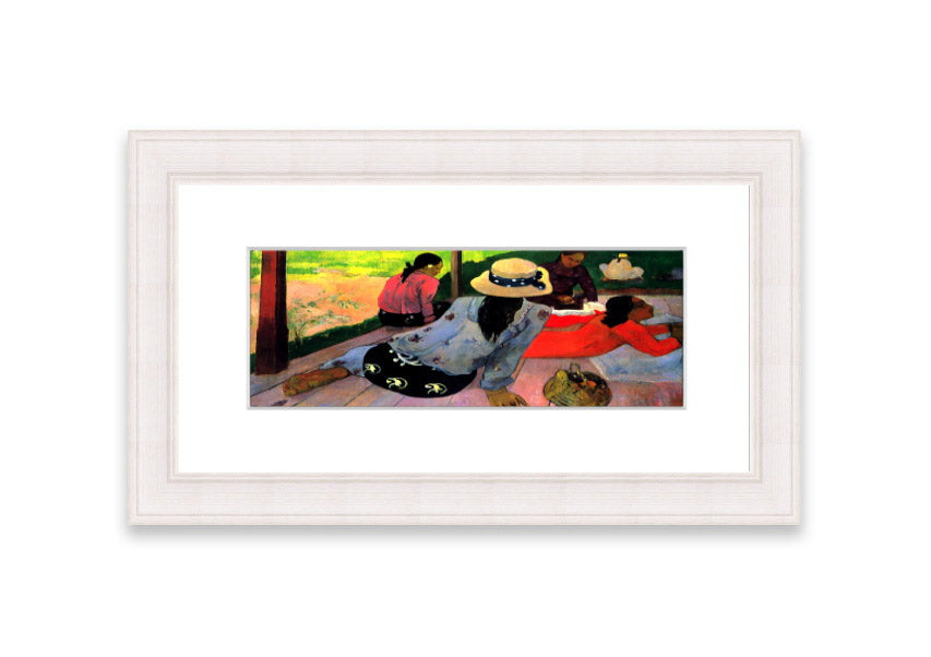 Framed print of 'Afternoon Quiet Hour' by Gauguin, showcasing vibrant colors and serene imagery, ready to hang.