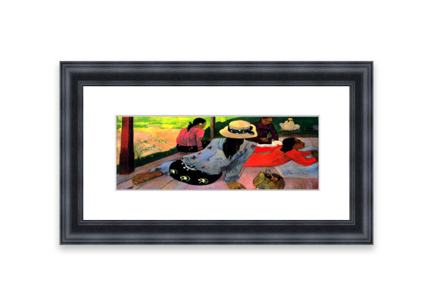 Framed print of 'Afternoon Quiet Hour' by Gauguin, showcasing vibrant colors and serene imagery, ready to hang.