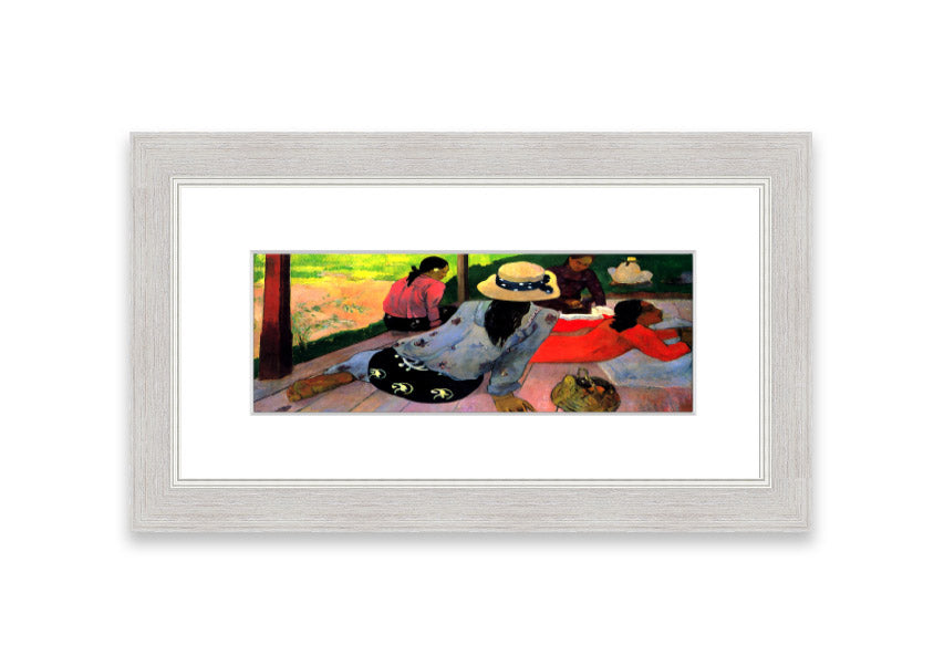 Framed print of 'Afternoon Quiet Hour' by Gauguin, showcasing vibrant colors and serene imagery, ready to hang.