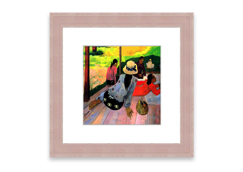 Framed print of 'Afternoon Quiet Hour' by Gauguin, showcasing vibrant colors and serene imagery, ready to hang.