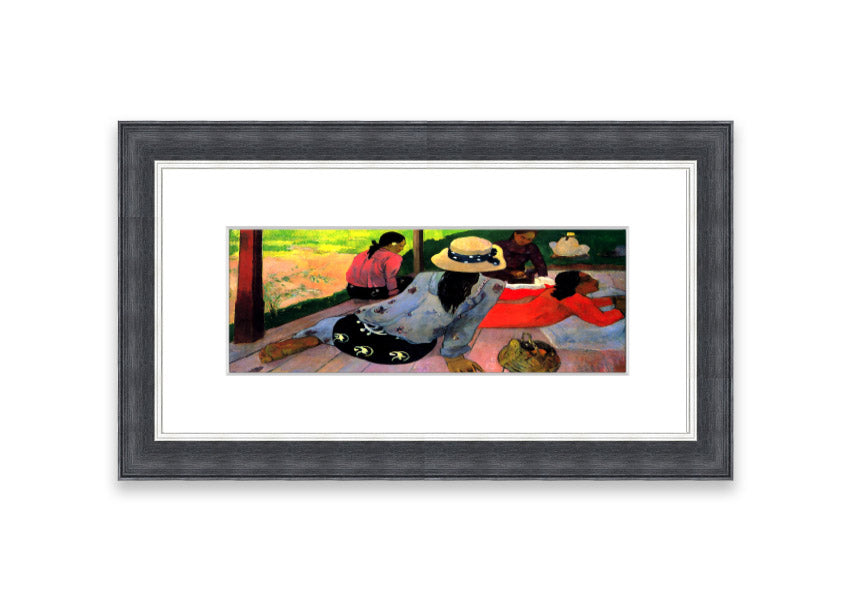 Framed print of 'Afternoon Quiet Hour' by Gauguin, showcasing vibrant colors and serene imagery, ready to hang.