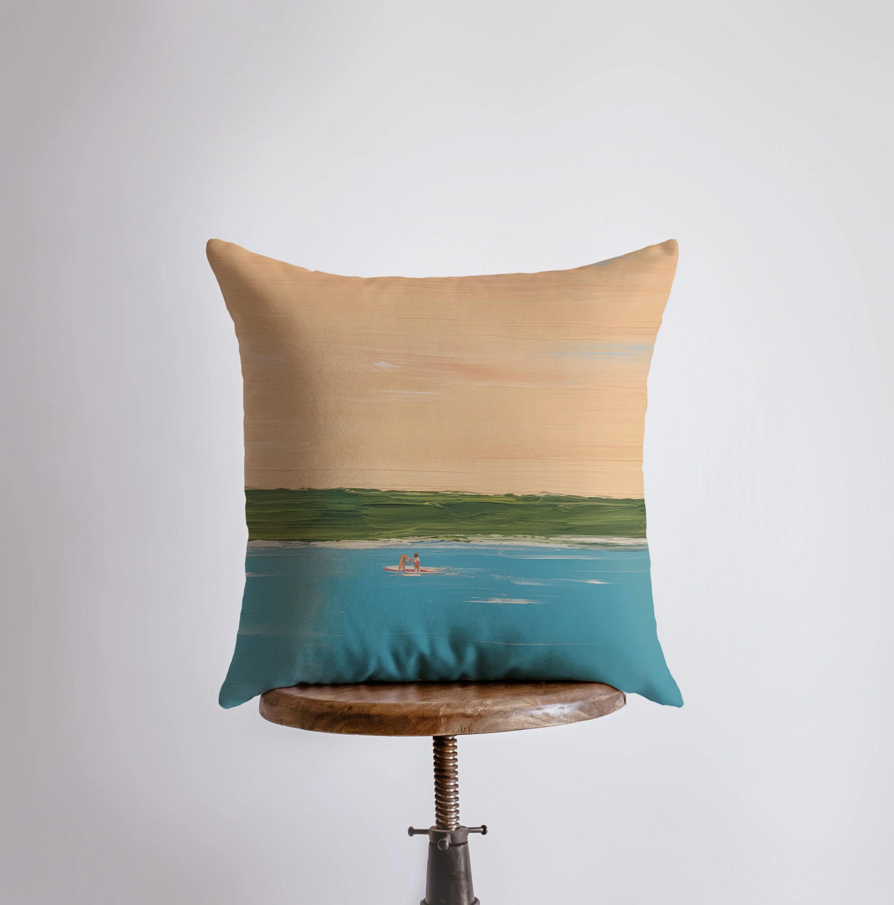 Afternoon Surf abstract gouache painting throw pillow featuring vibrant ocean-inspired colors and a concealed zipper.